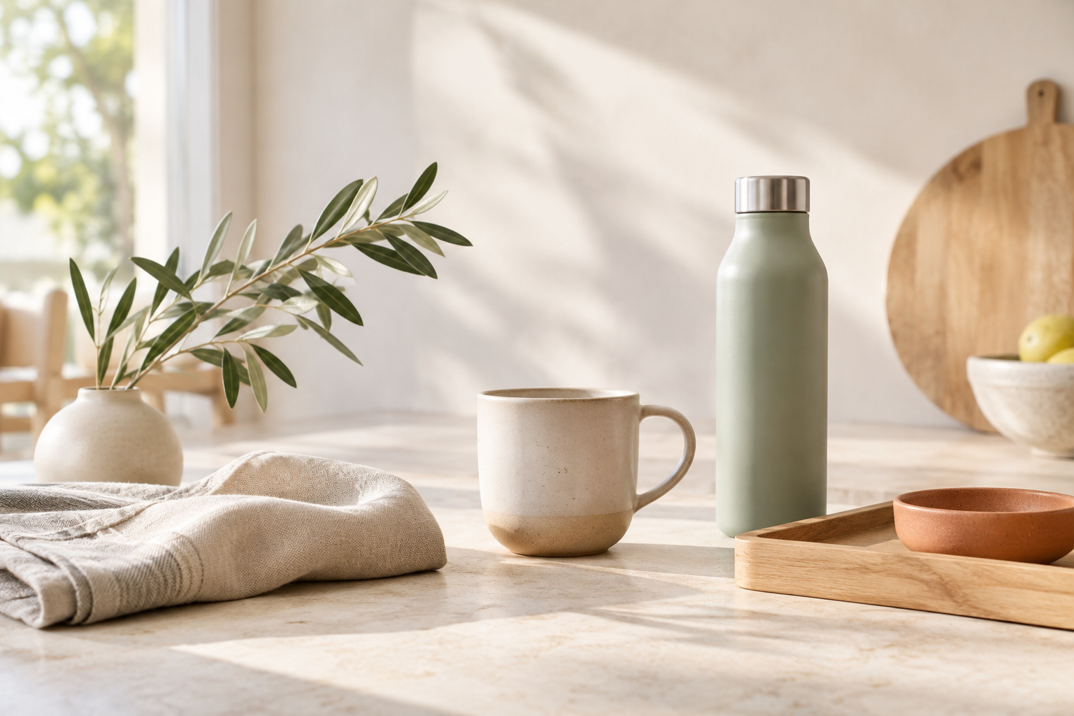 A calm, sunlit collection of useful home and travel objects